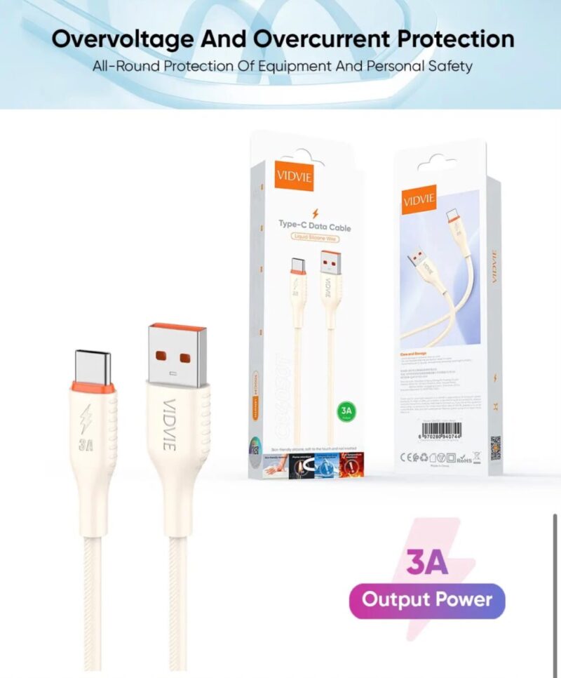VIDVIE CB4050T 3A Liquid Silicone USB to Type-C Fast Charging & Data Cable (100cm)
