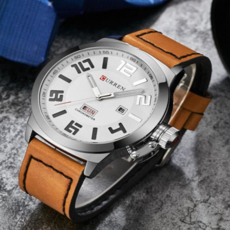 New double calendar leather mens watch